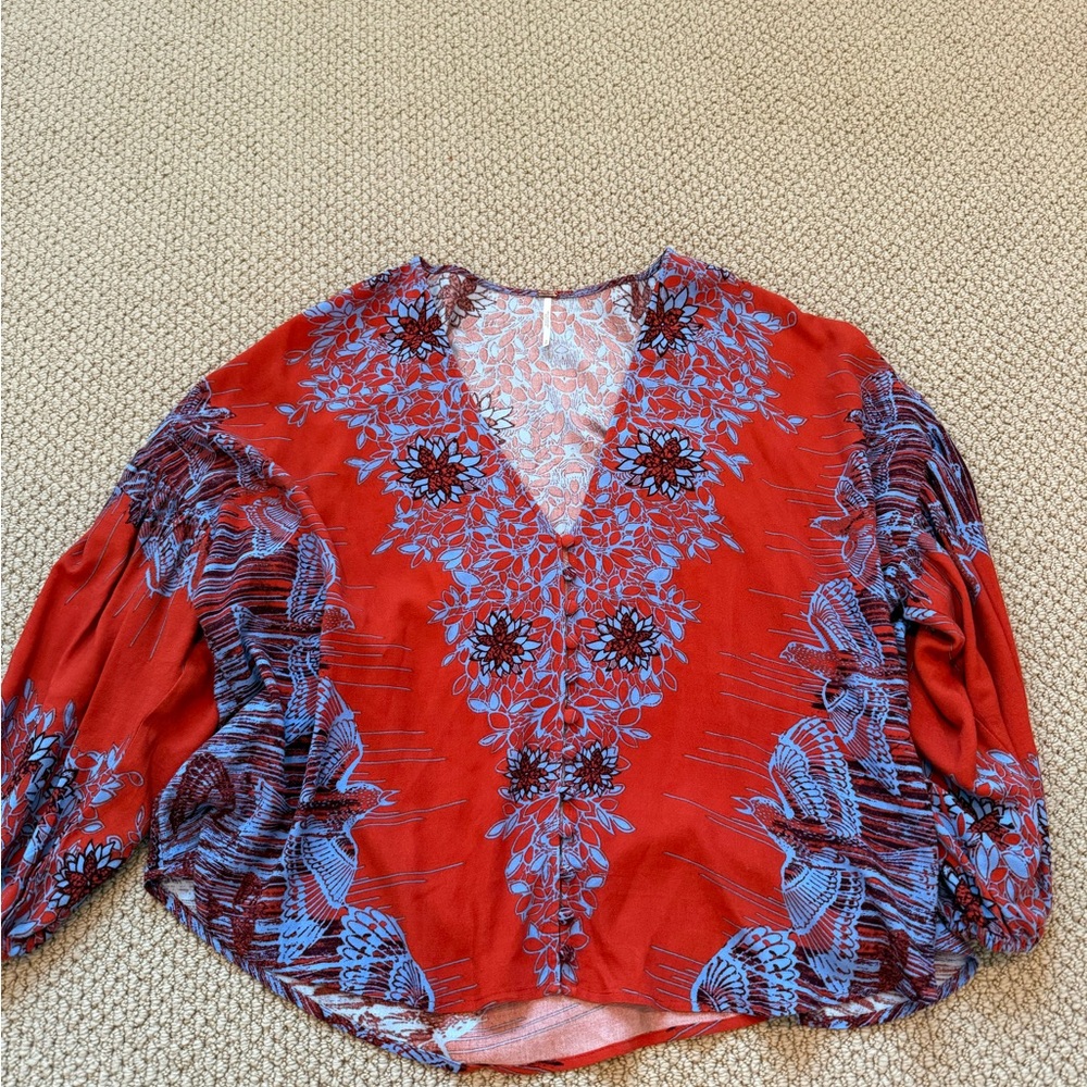 Free People Red Graphic 3/4 Sleeve Blouse